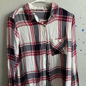 Red white and black plaid long sleeve button up